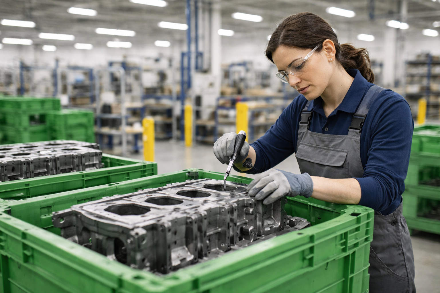 Worker at electric vehicle parts production