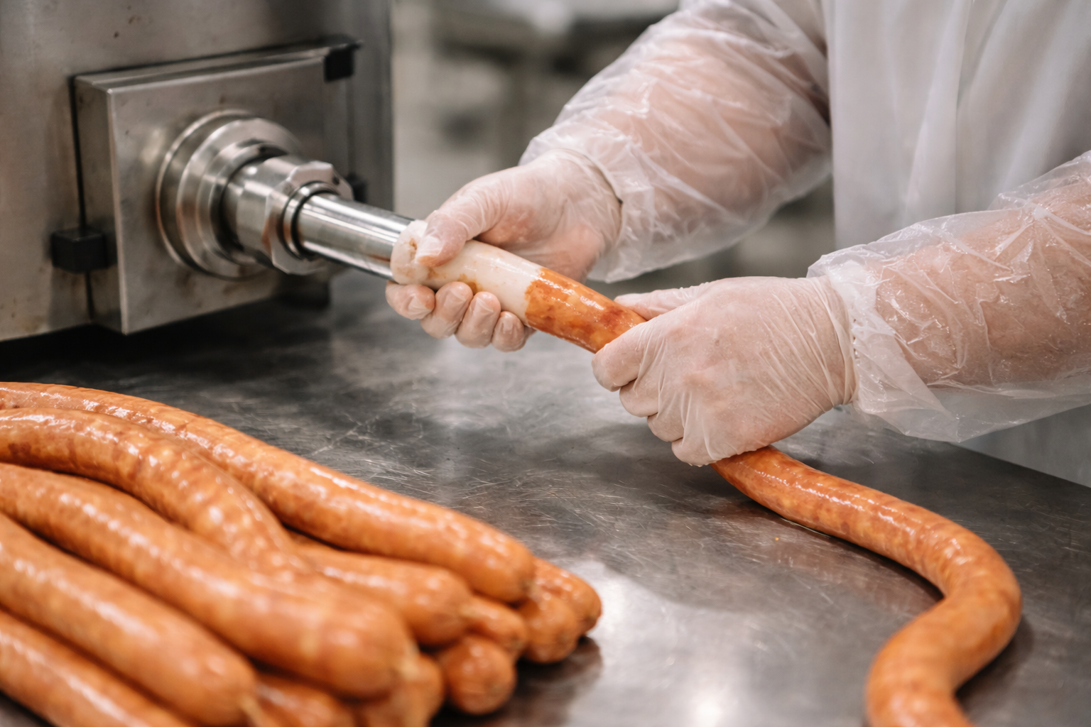 Worker at final stages of sausage production
