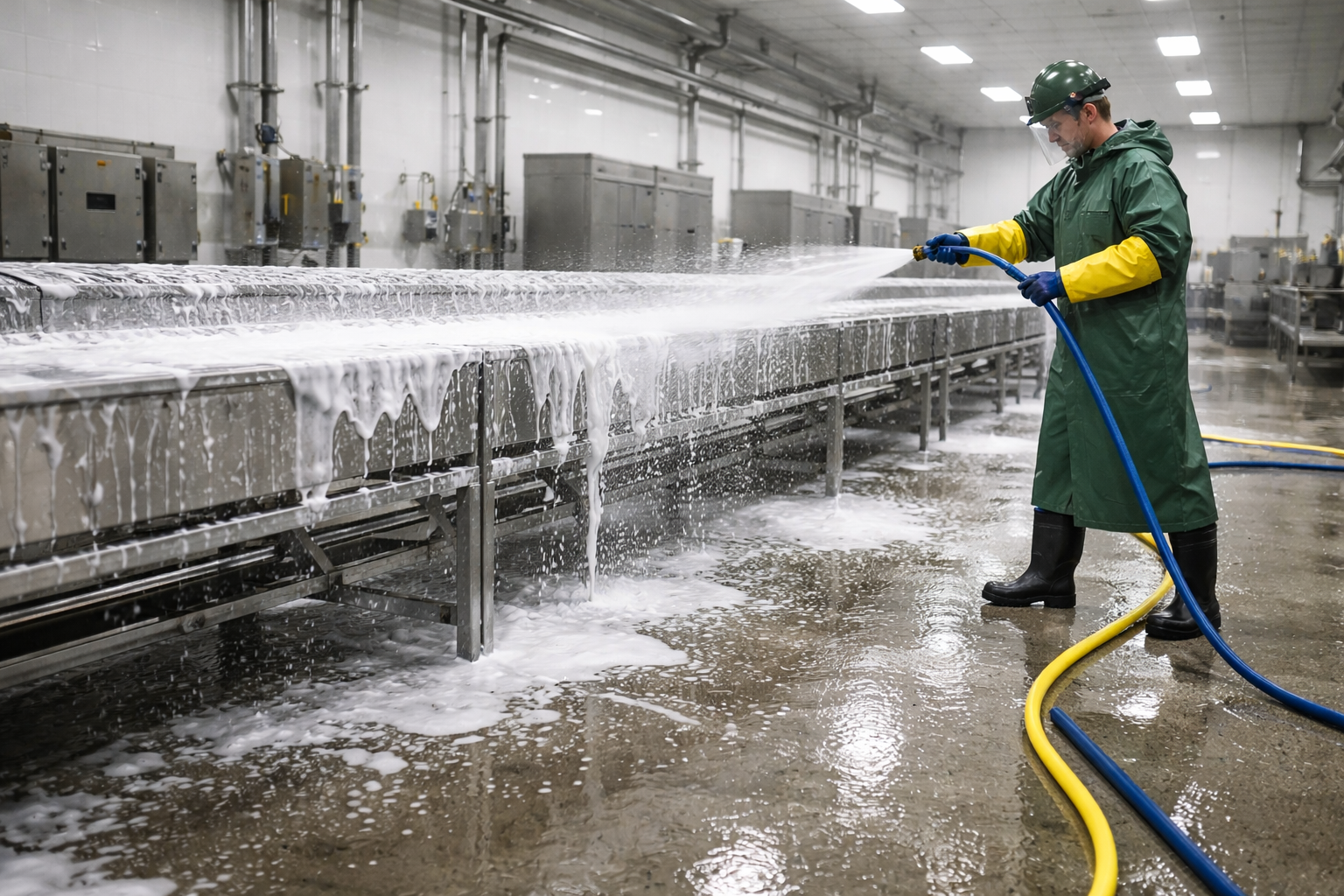 Poultry plant cleaning worker